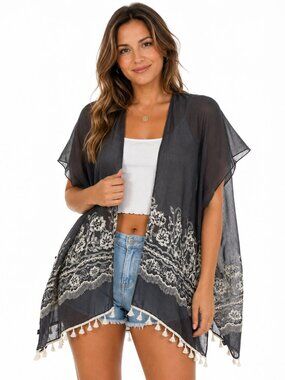 Cherie Bliss Sheer Embroidered Tassel Kimono Cover Up Charcoal Gray One Size